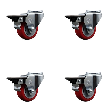 Service Caster 3'' Red Poly Wheel Swivel Bolt Hole Caster Set with Posi Lock Brakes, 4PK SCC-BH20S314-PPUB-RED-PLB-4